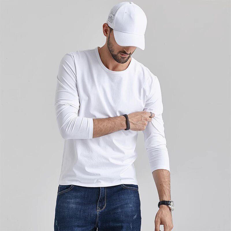 仓树一石高端纯棉春秋圆领上衣修身长袖T恤薄款内搭白色打底衫男