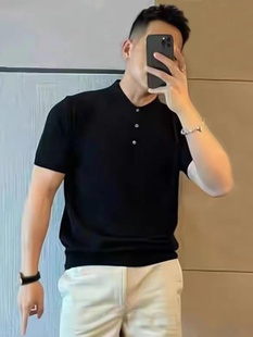 仓树一石高级感商务休闲黑色珠地纯棉POLO衫男士夏季翻领修身短袖