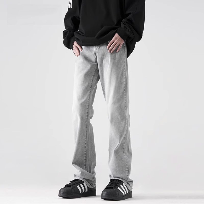 仓树一石美式水洗烟灰色弹力牛仔裤男女秋季宽松直筒休闲裤微喇裤