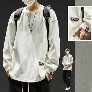 仓树一石重磅纯棉长袖t恤男款春秋衣服白色打底衫男卫衣秋装上衣