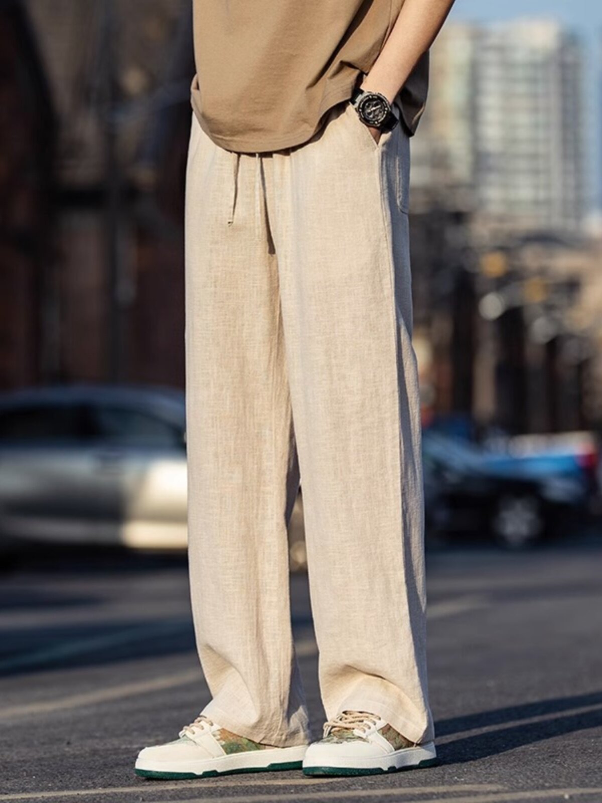 仓树一石日系复古亚麻裤子男款夏季薄款宽松直筒裤垂感棉麻休闲裤