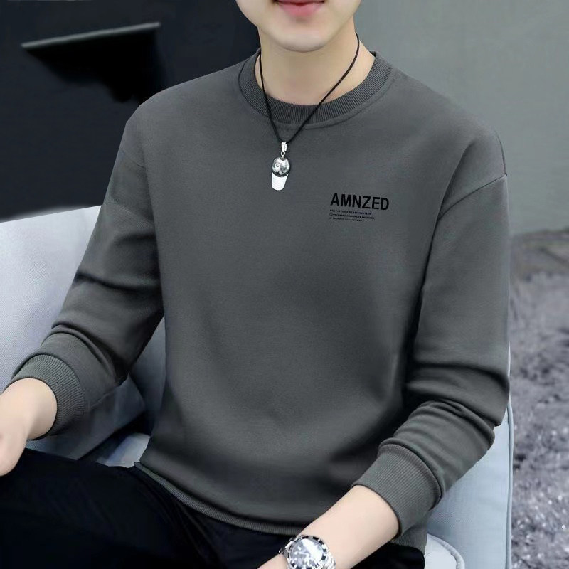 仓树一石商务圆领卫衣男秋冬季2024新款修身纯棉加绒加厚长袖T恤