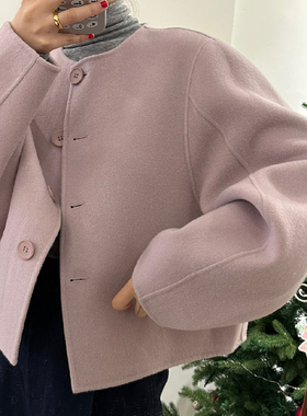 秋冬反季白富美短款小个子小香风洋气流行高级羊毛呢外套粉紫色