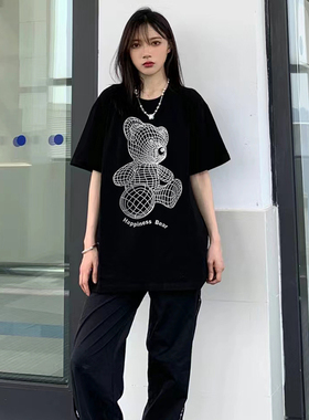 个性3D立体小熊印花T恤oversize宽松ins风情侣款纯棉上衣新款男女