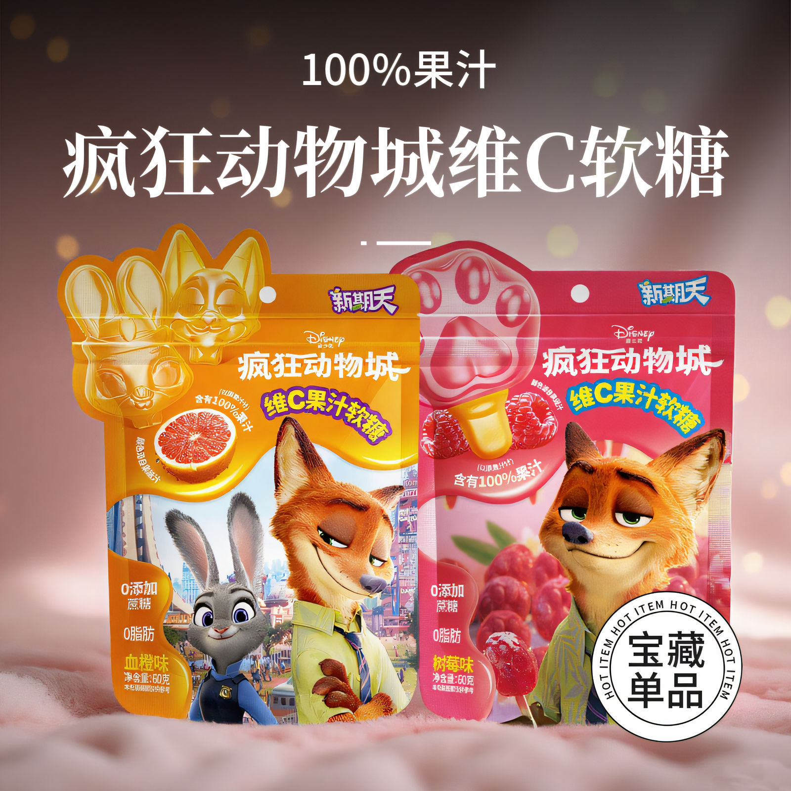 【好物种草】新期天疯狂动物城网红零食树莓维c果汁软糖240g