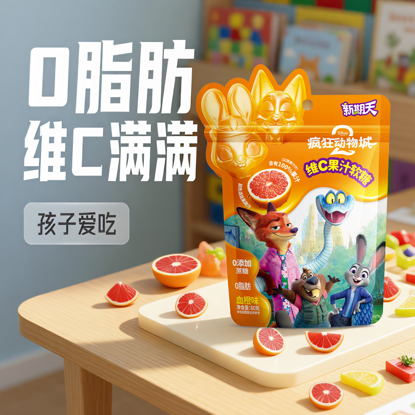 新期天儿童趣味糖果疯狂动物城联名血橙味维C果汁软糖小朋友零食