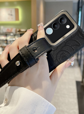 潮牌黑色山茶花x200S皮纹Ultra适用vivoS30手机壳17x90spro+腕带20可支架s16网红s15保护x80全包女19镜头18