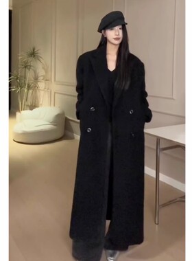 2025冬季新款黑色大衣女高级感长款加厚羽绒内胆95白鹅绒毛呢外套