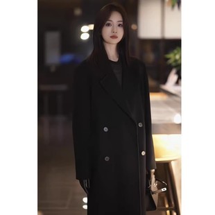 呢子 鹅绒西装 2025黑色新款 羽绒内胆毛呢大衣女秋冬高级感正肩长款