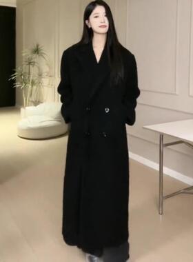 高级感黑色毛呢外套女中长款2025冬新款长款鹅绒羽绒内胆呢子大衣