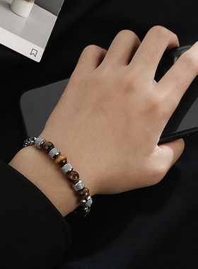 钛钢虎眼石手链男女款高级感男士手串男潮串珠复古时尚手饰品