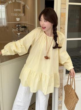 春季多巴胺穿搭黄色衬衫女2025年新款大码胖mm中长款遮肚子娃娃衫
