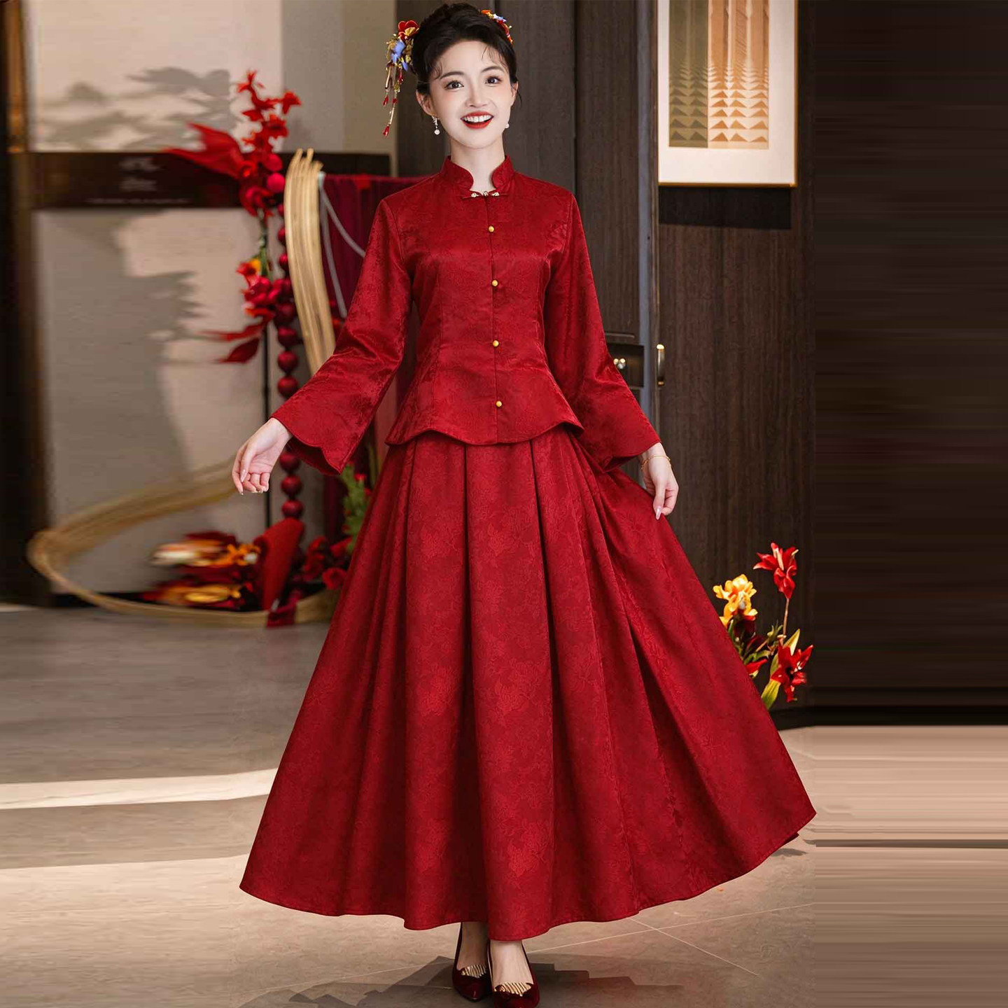 新中式红色敬酒服套装新款新娘订婚礼服结婚当天便服回门服小个子
