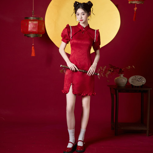 红色旗袍2026新款敬酒服新娘小个子订婚礼服女夏季高考送考连衣裙