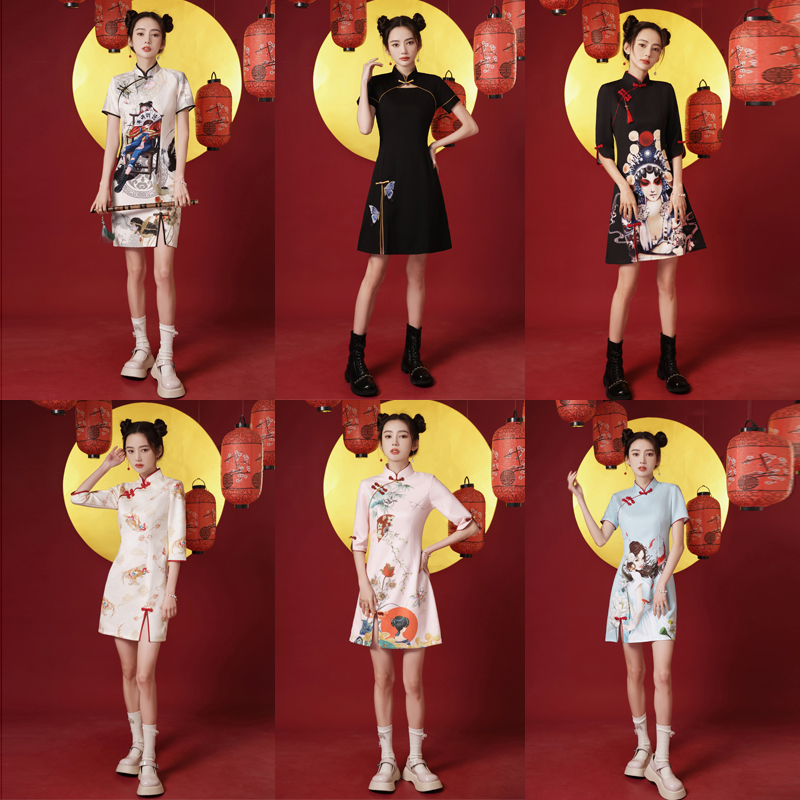 改良国潮旗袍短款年轻款少女小个子新款2023黑色日常中国风新中式