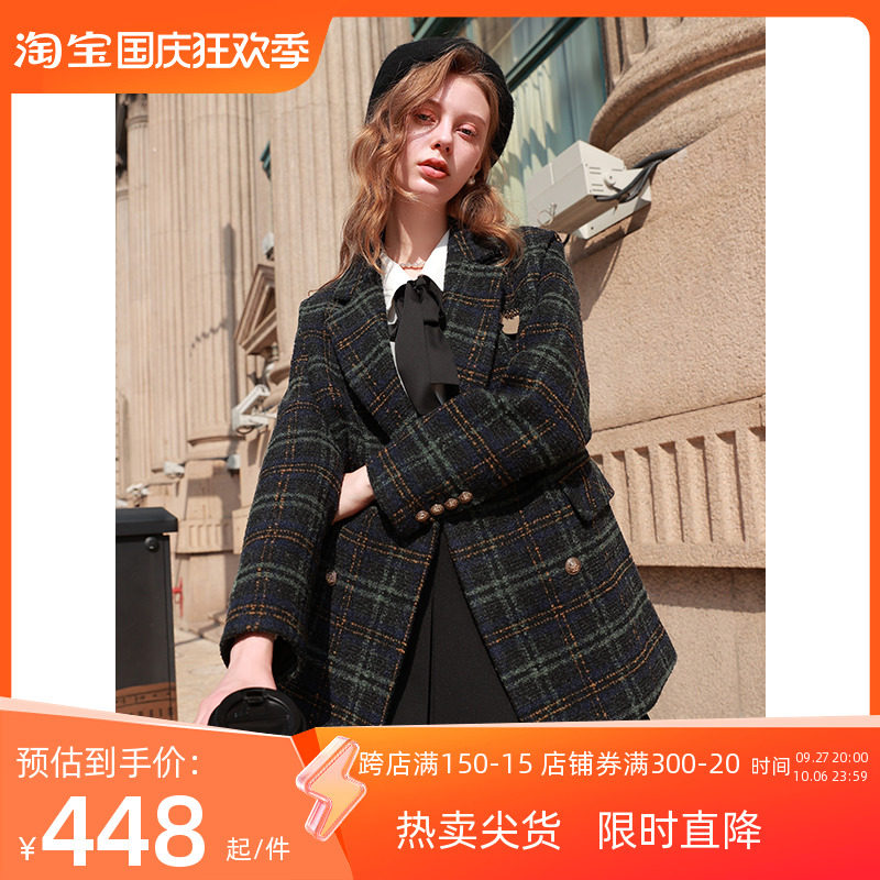 三彩2022冬季新款格纹毛呢大衣西装领双排扣外套中长款复古女使用感如何?