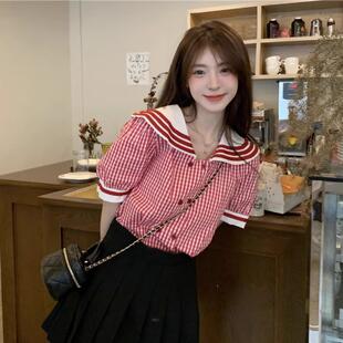 减龄甜美泡泡袖 Next 女夏2025新款 Kiss法式 上衣 格子衬衫