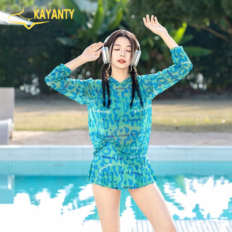 维多利亞分体式泳衣女夏保守显瘦裤裙式长袖三件套爆款泡温泉泳装