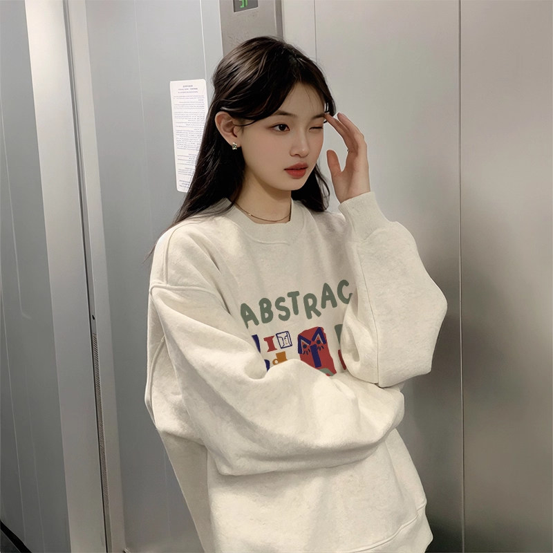 NextLori白灰色圆领卫衣女春秋2025新款慵懒风长袖冬加绒加厚上衣