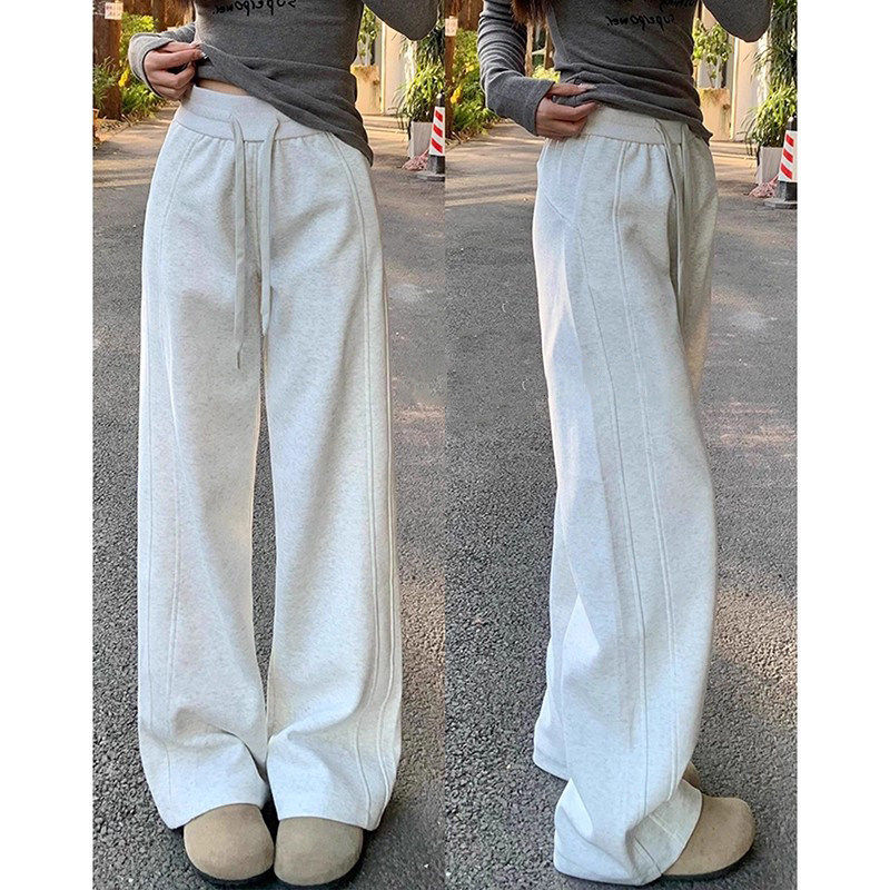 韩国Uamtor灰色运动裤女春秋季小个子阔腿裤直筒百搭休闲lu系卫裤