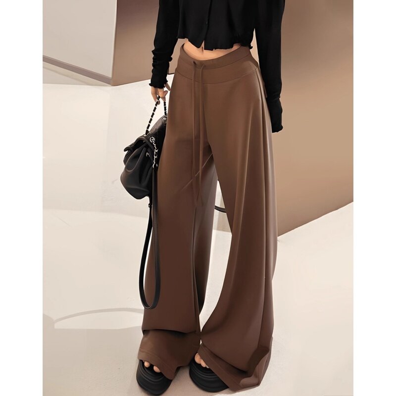 韩国Uamtor美式棕色低腰运动裤女款秋冬季加绒显瘦卫裤垂感阔腿裤