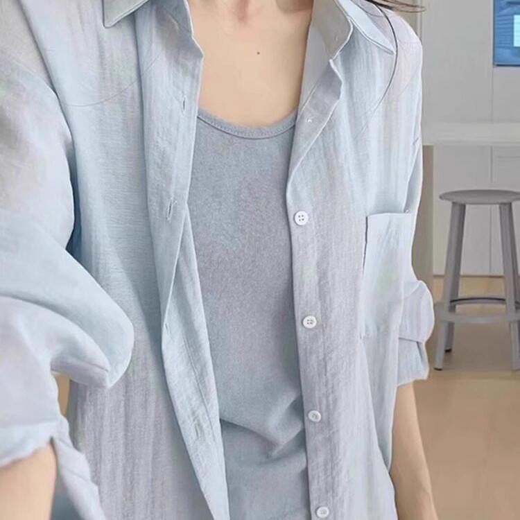 英国DHWA蓝色防晒衬衫薄外套女春夏衬衣休闲宽松法式长袖气质上衣
