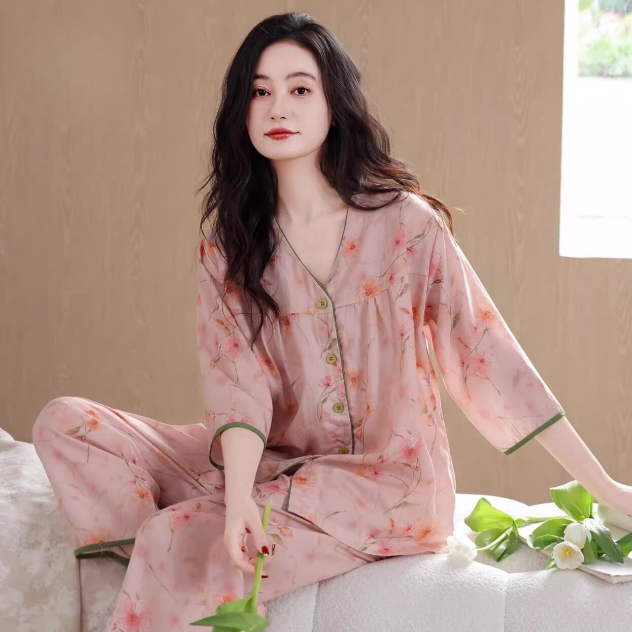 维多利亞粉色睡衣女春夏新款七分袖莱赛尔凉感家居服高级感套装