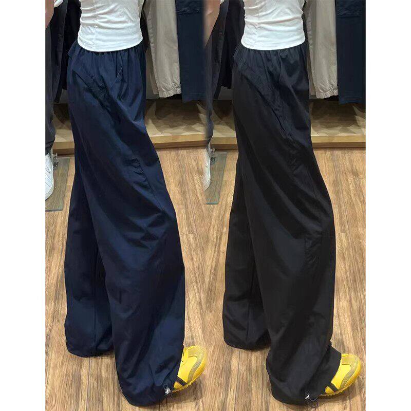 韩国Uamtor藏青色速干工装裤女春秋直筒运动裤小个子酷飒风阔腿裤