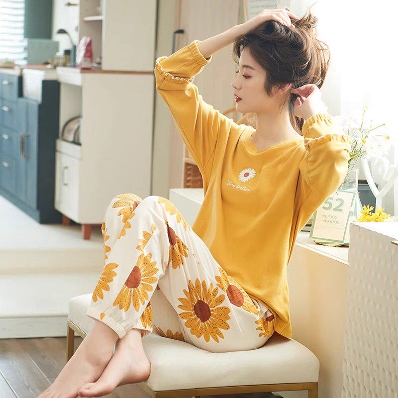 睡衣女夏向日葵长袖甜美风春秋新款亲肤透气可外穿大码家居服套装