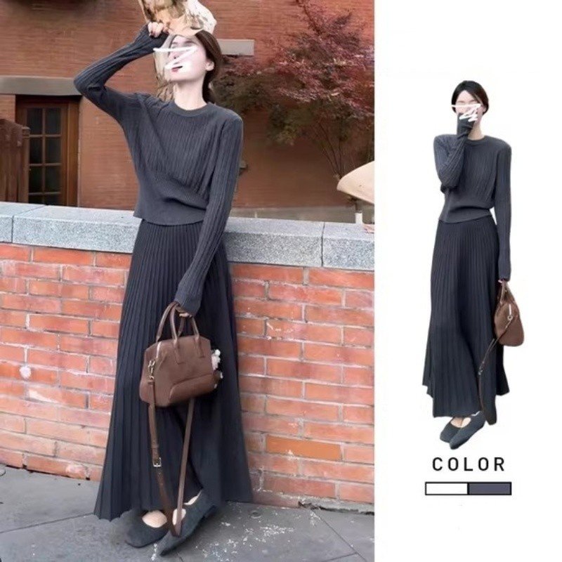 英国DHWA高级感针织长袖上衣女春秋小个子半身裙气质套装