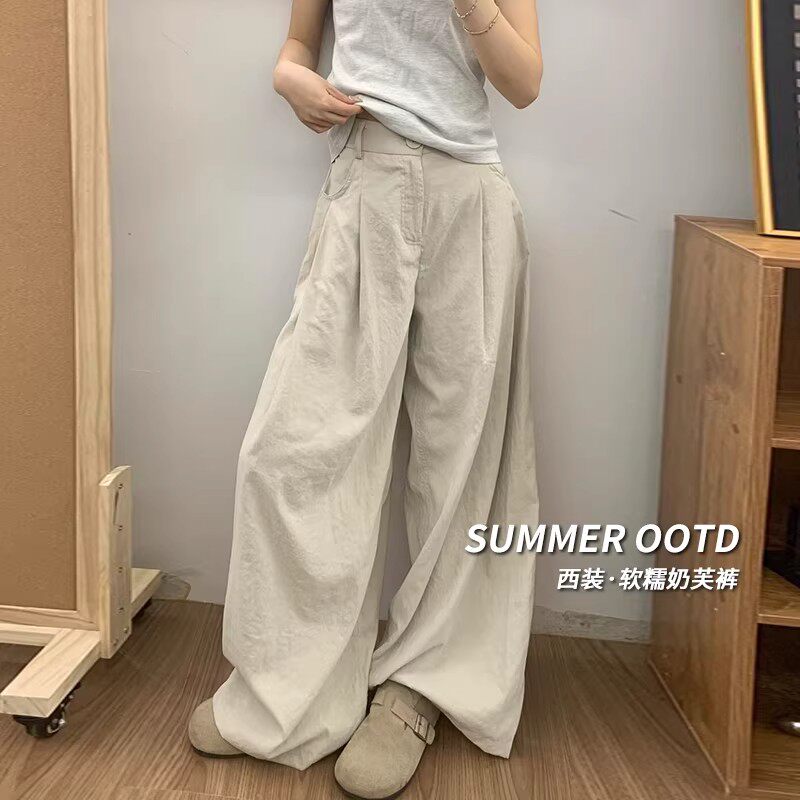 韩国Uamtor奶芙西装阔腿裤女夏季松弛感高腰宽松休闲冰丝山本裤子