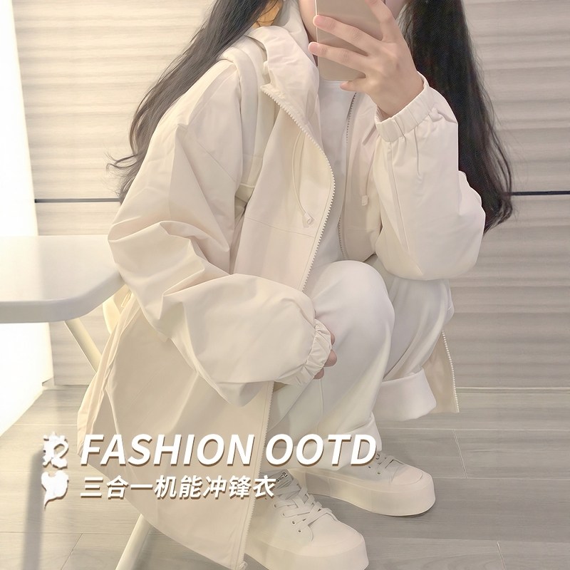 英国DGKP白色外套女秋冬2025新款小个子大码上衣高级感加绒冲锋衣