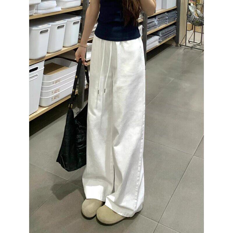 韩国Uamtor白色抽绳休闲阔腿裤女春秋季胖mm梨型身材速干运动裤子