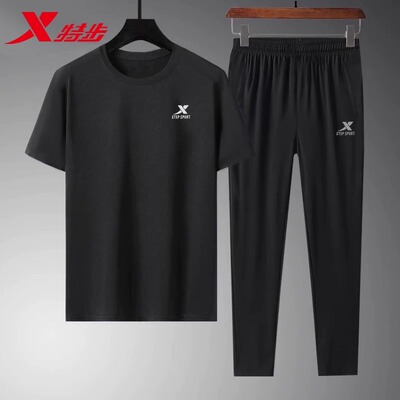 特步速干男运动套装夏季薄款短袖