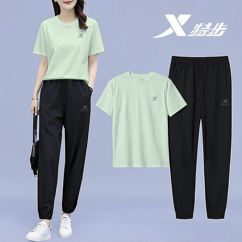 特步运动套装女2026夏季新款透气速干女士修身显瘦短袖长裤两件套