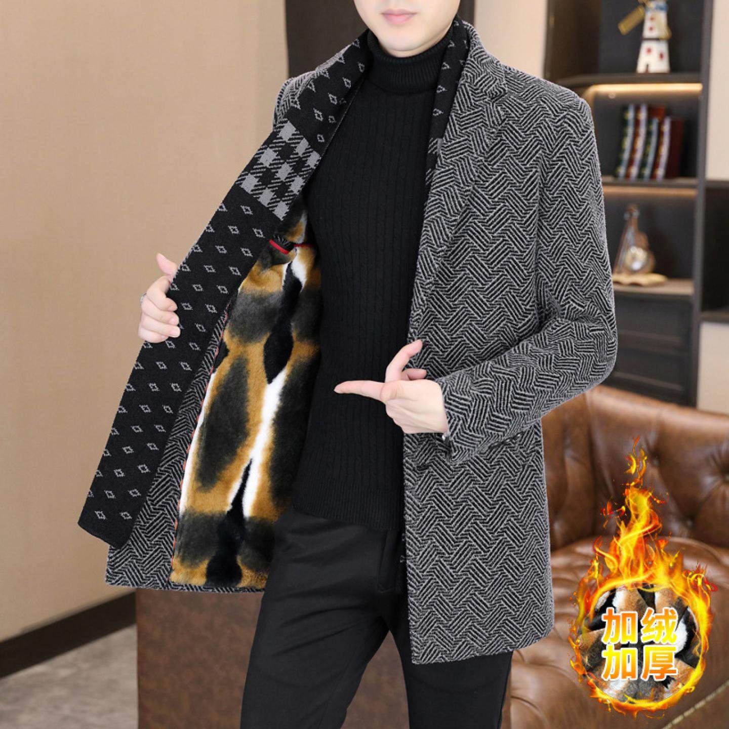 加绒秋冬风衣呢子冬季男领男士金大衣毛呢加厚中长貂绒款围巾