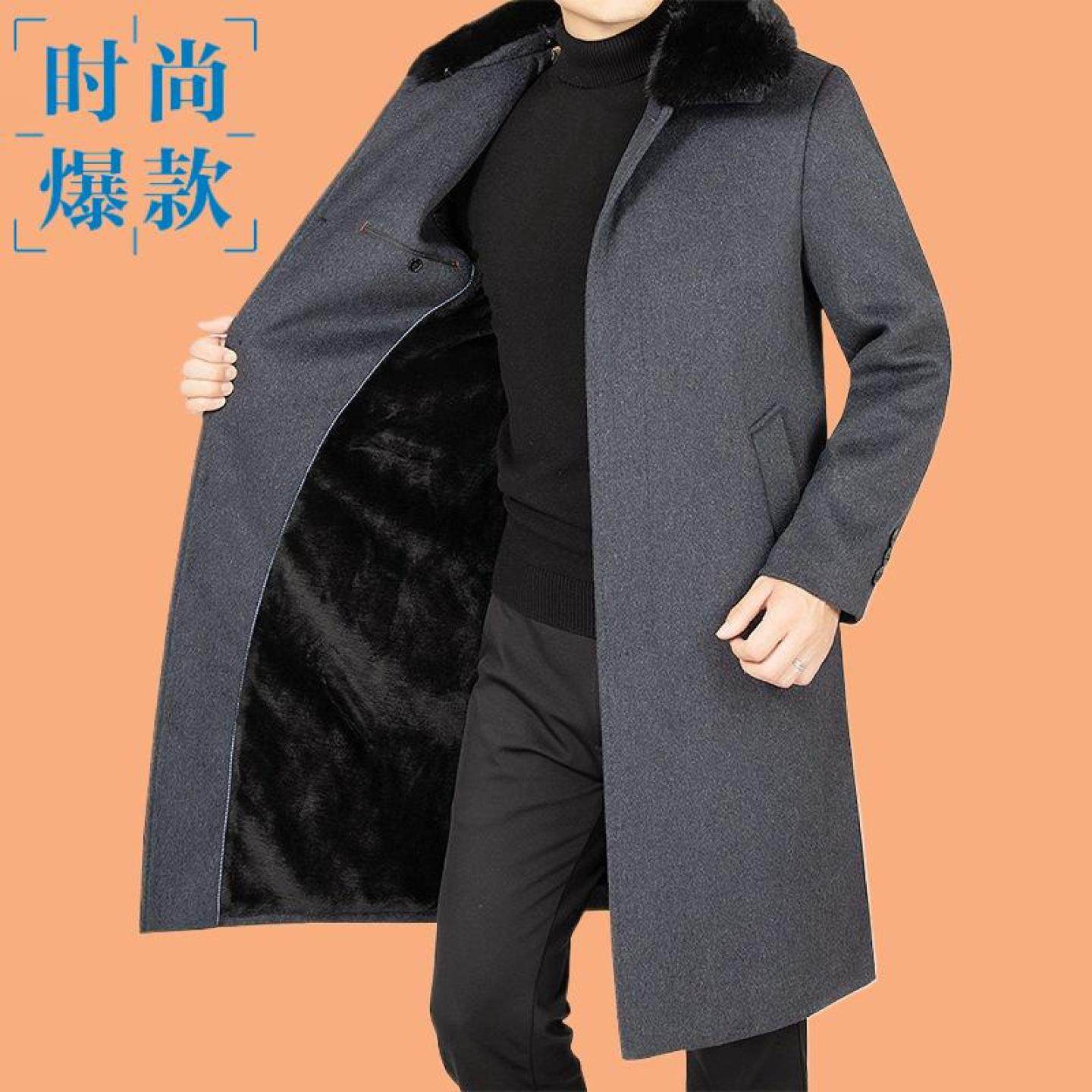 冬季中年爸爸加绒休闲大衣款中长呢子男士冬装加厚毛呢中老年