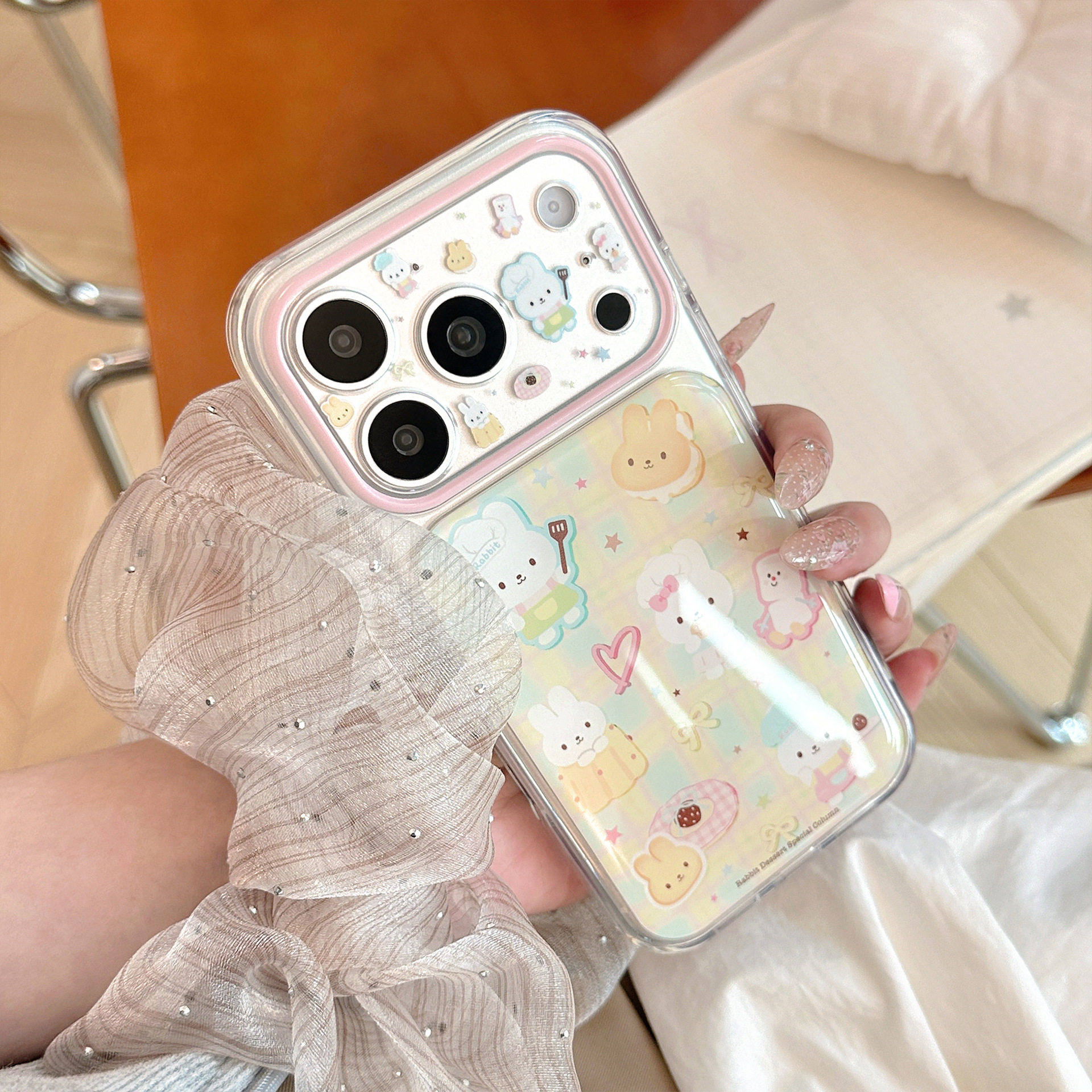 奶兔厨房卡通适用苹果17promax手机壳iphone16透明14滴胶韩系格纹15全包