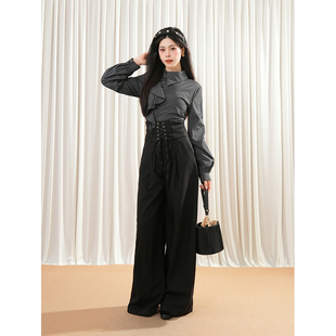 秋新款 日系复古荷叶边条纹衬衫 两件套装 高腰绑带阔腿裤 上衣