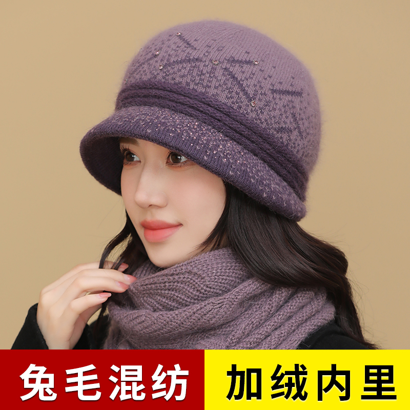 毛线帽女士加绒加厚冬天保暖盆帽