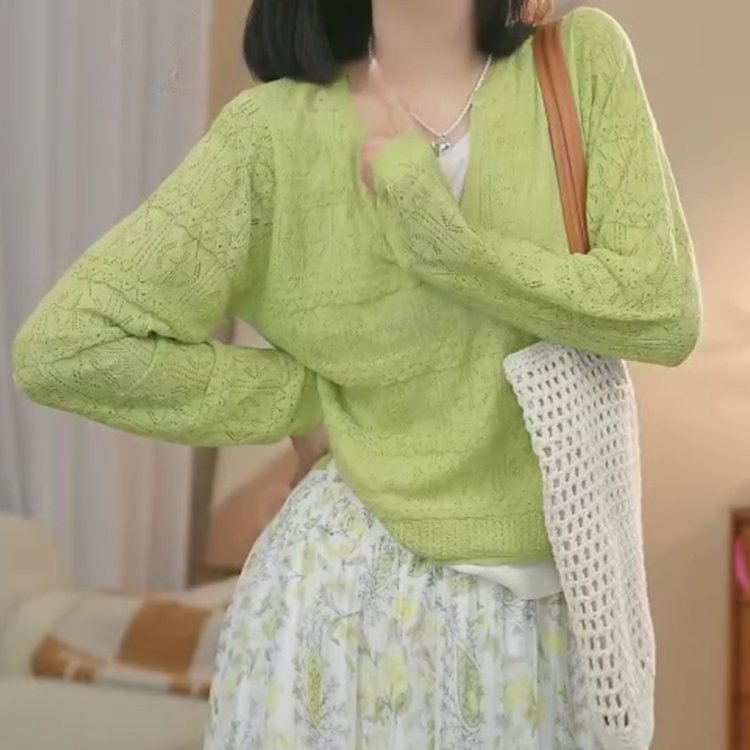 绿色镂空针织衫女2025春夏新款慵懒风宽松套头罩衫长袖假两件上衣