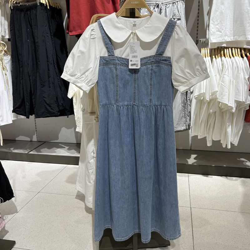 2025年夏季新款新品女装翻领短袖假两件牛仔连衣裙R152227001以纯