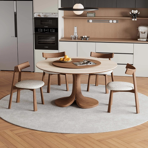 德利丰岩板圆餐桌实木复古法式奶油中古风家用设计师款圆形餐桌子