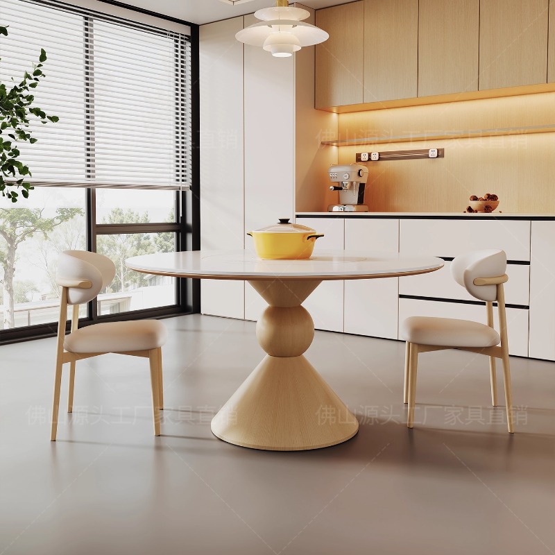 电磁炉圆桌内嵌电动转盘带暖菜板家用原木奶油风圆形实木岩板餐桌