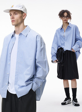 捷展男装|褶皱格纹衬衫26春季新品潮牌miu系休闲开衫长袖纯棉衬衣