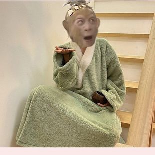 猴哥同款绿色长衫睡衣家居服搞怪孙悟空抽象局促表情包法绒外套