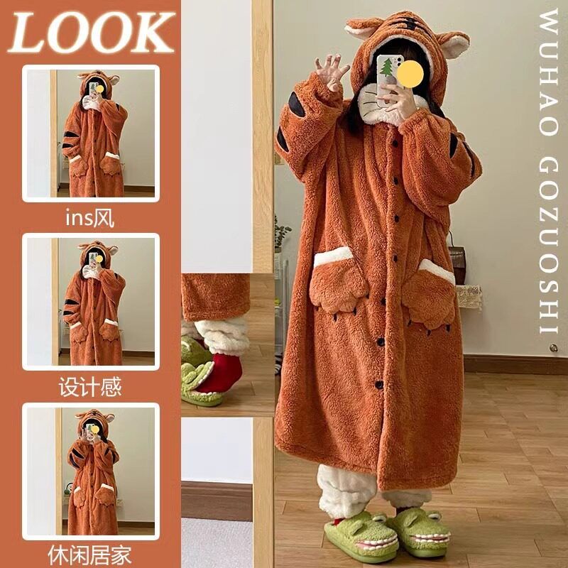 特价!!可爱少女小老虎法绒睡衣女秋冬季新款珊瑚绒家居服睡袍