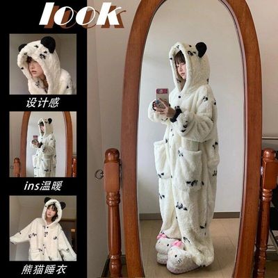 可爱卡通珊瑚绒熊猫连体睡衣女冬季加绒加厚2025新款家居服可外穿