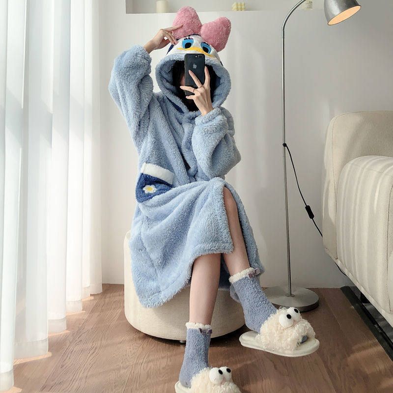 唐老鸭珊瑚绒睡衣女冬季加厚加绒浴袍法绒长款冬可爱睡袍家居服