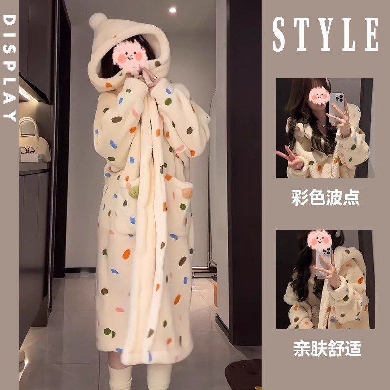 波点连帽法绒睡衣秋冬季女款2025新款珊瑚绒睡裙加厚家居服睡袍